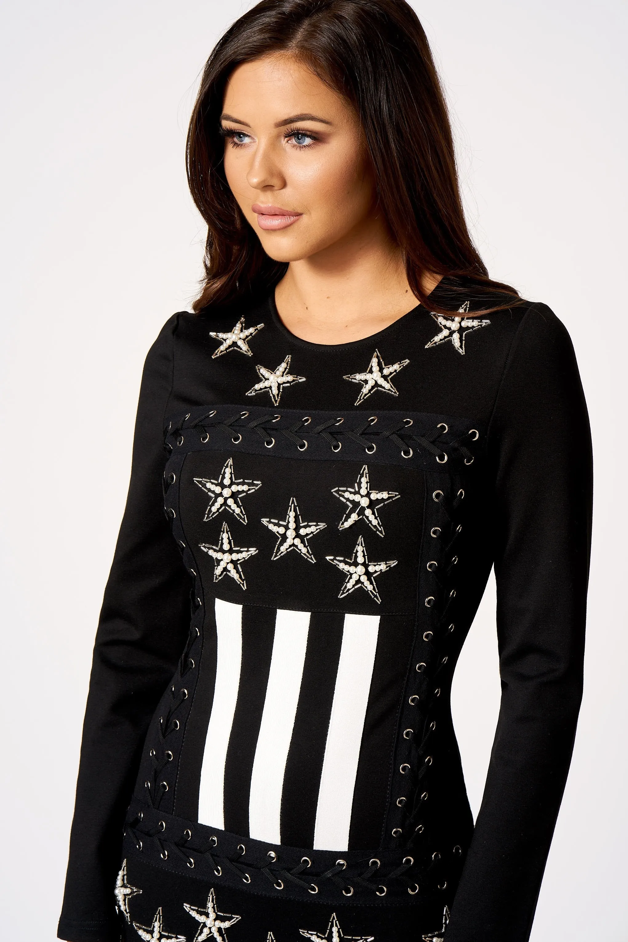 Black Embellished Star Mini Bodycon Dress