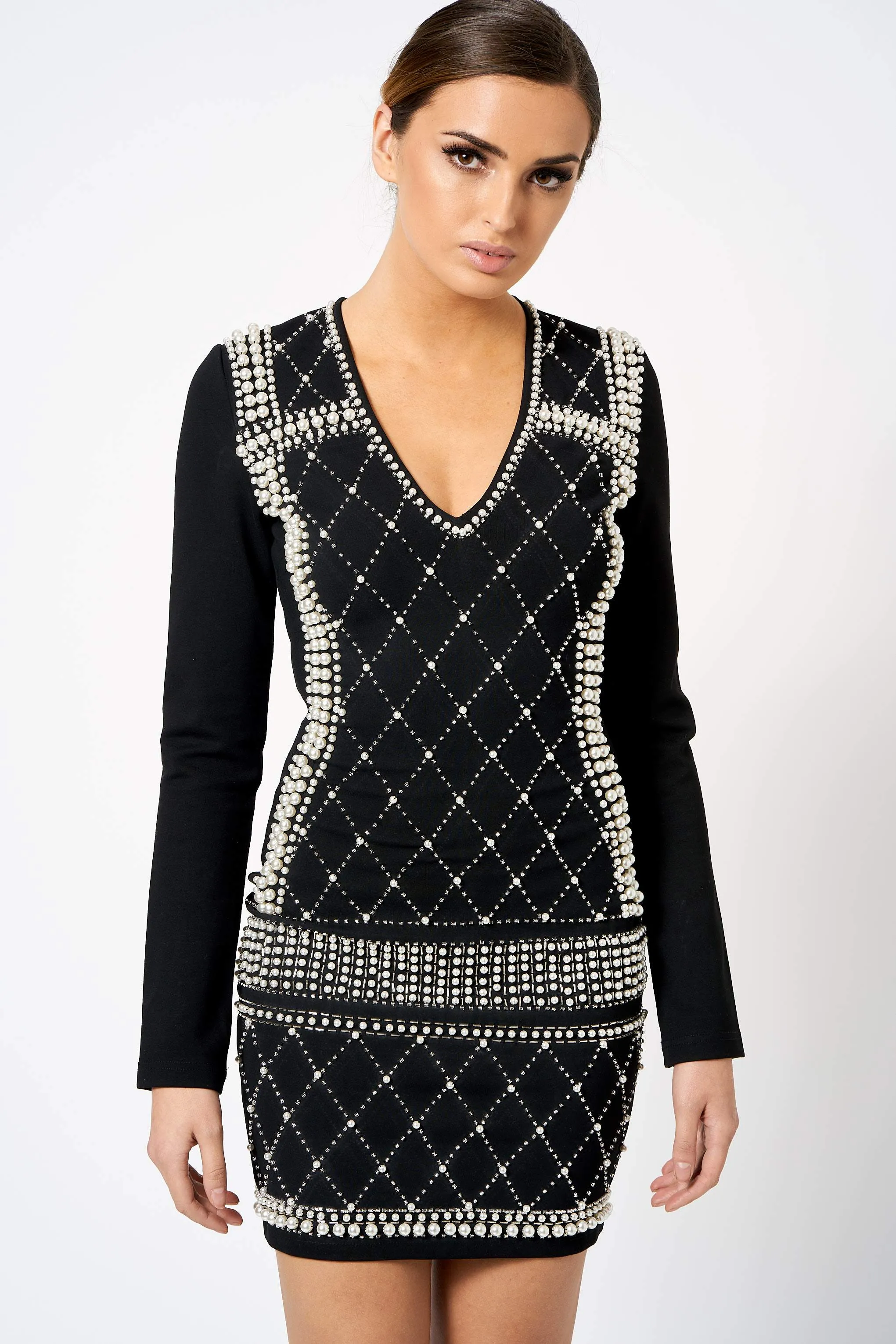 Black Plunge Pearl Embellished Mini Bodycon Dress