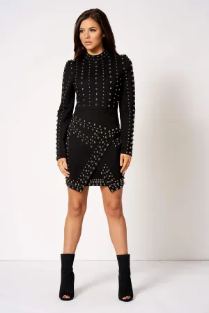 Black Studded Asymmetric Bodycon Mini Dress