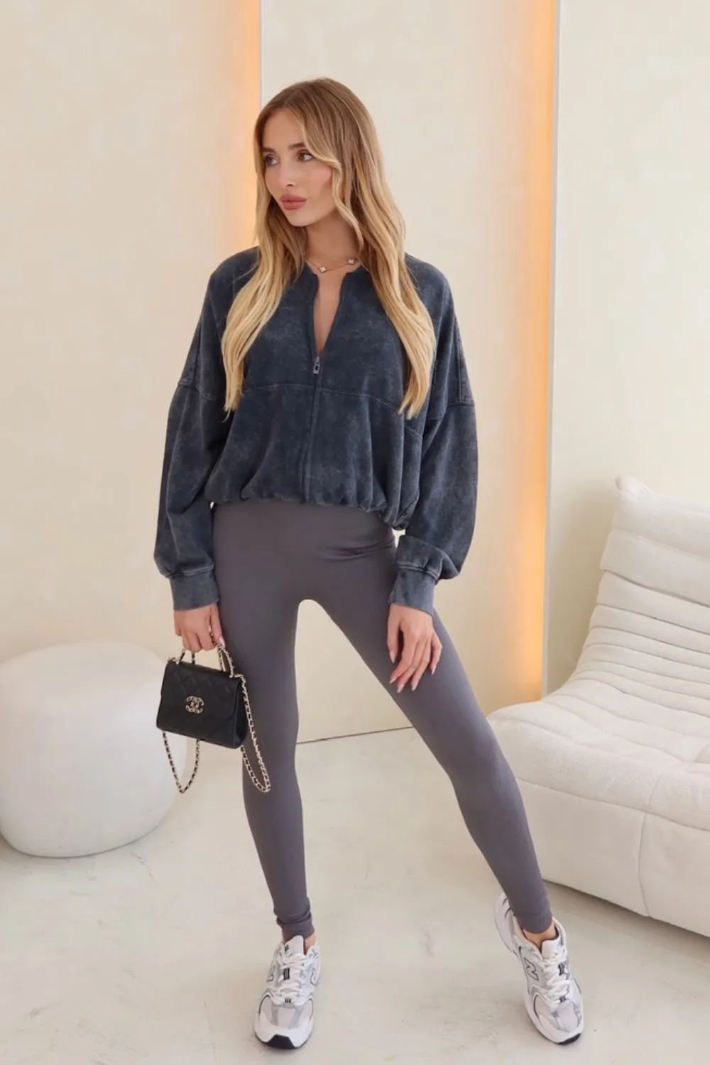 Blake grey acid wash bomber jacket and ribbed legging set