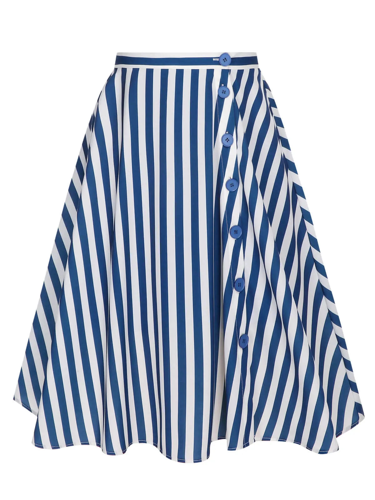 Blue 1940s Stripe Buttoned A-Line Skirt