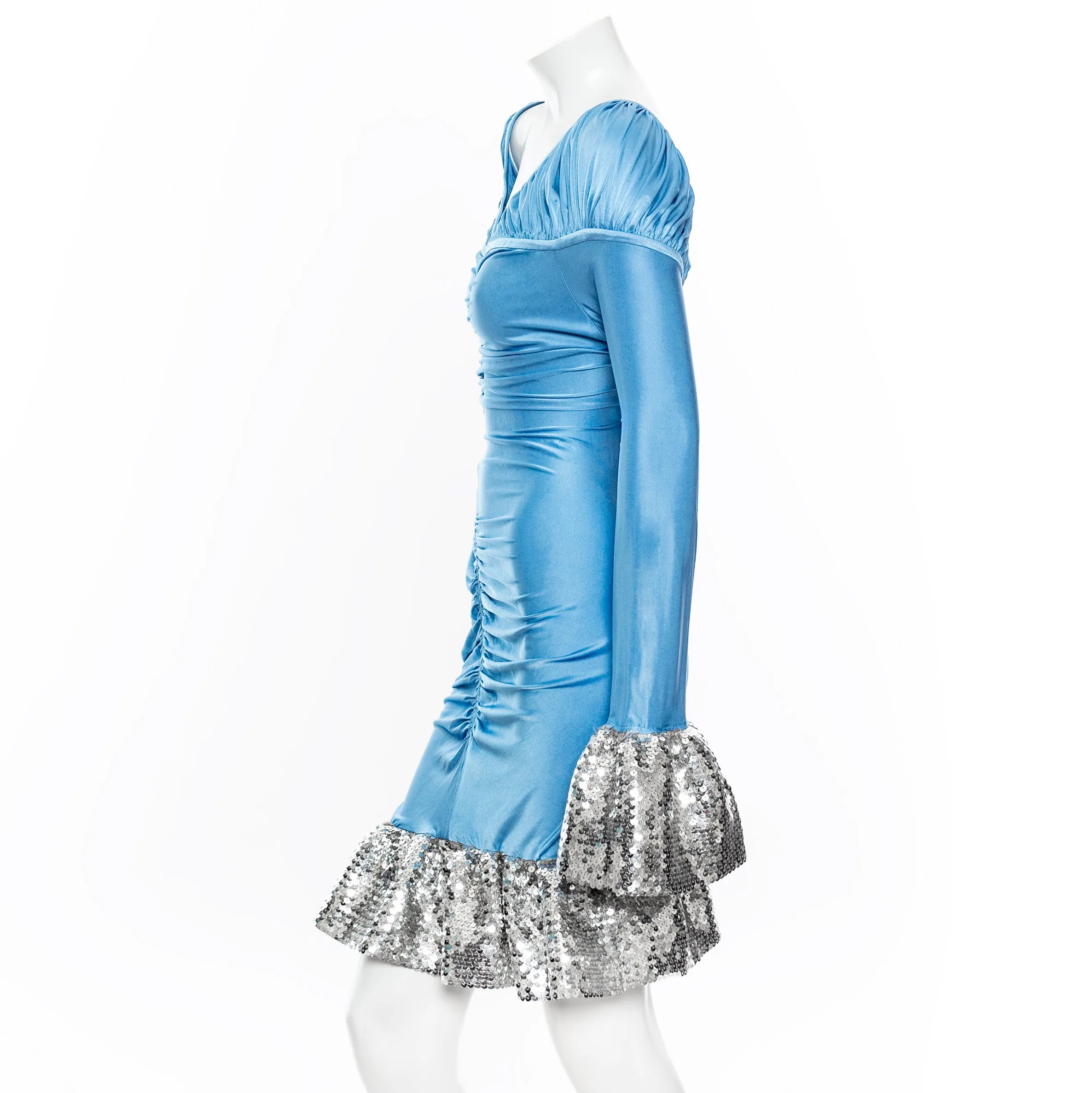 Blue Viscose-Blend Ruched Sequin Mini Dress