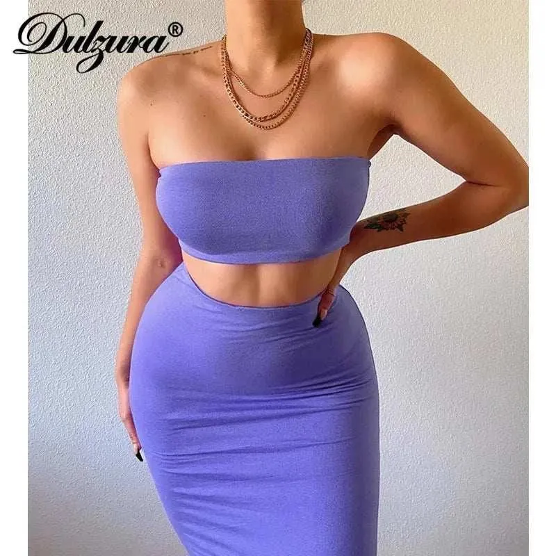 Bodycon Dress- Dulzura Solid Women 2 Piece Crop Top Set, Midi Skirt