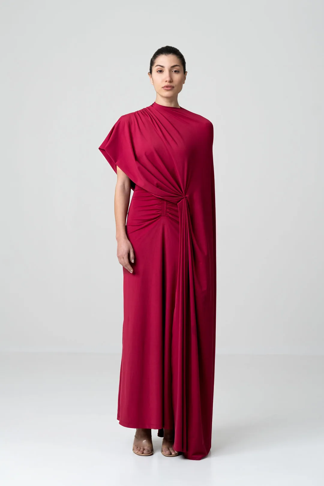 BRIGHT BERRY BODYCON DRESS WITH DRAPED SHAWL