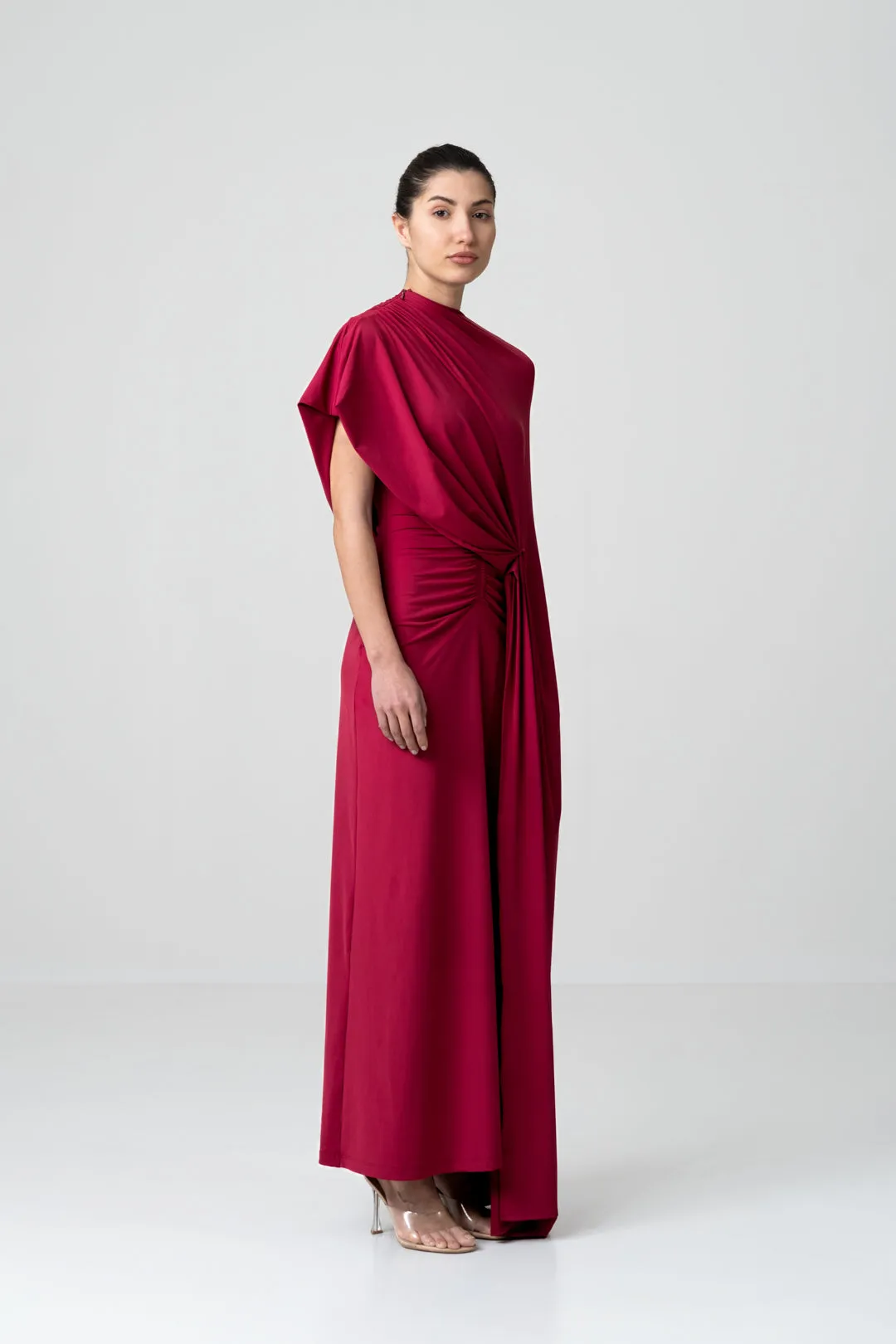 BRIGHT BERRY BODYCON DRESS WITH DRAPED SHAWL