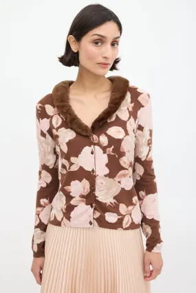 Brown & Pink Floral & Faux Fur Cardigan