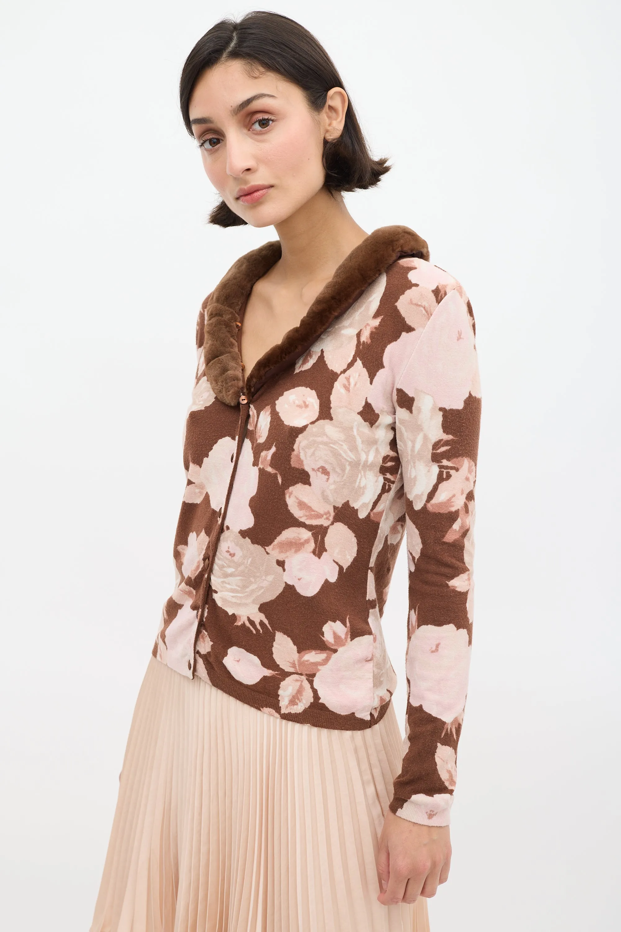 Brown & Pink Floral & Faux Fur Cardigan