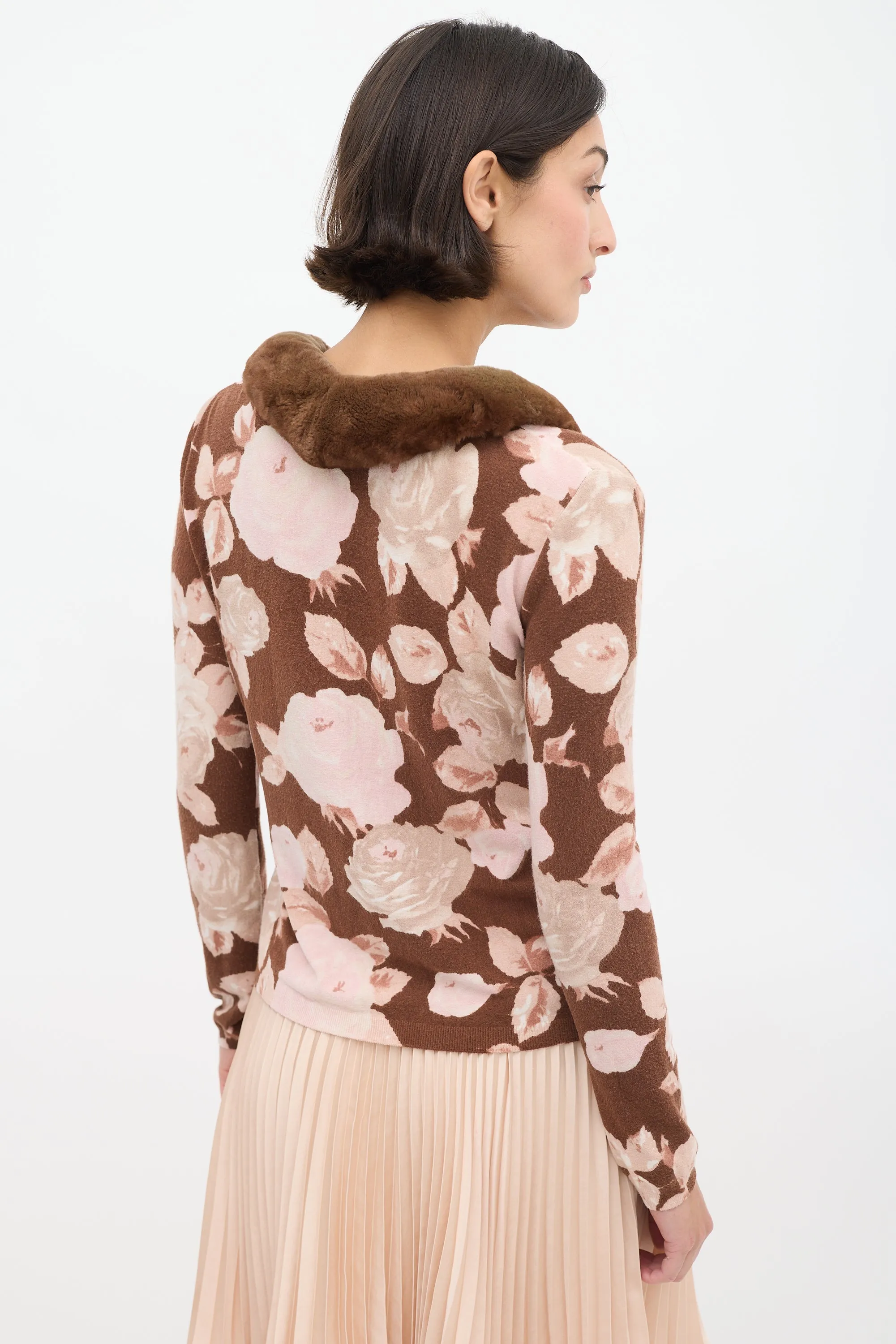 Brown & Pink Floral & Faux Fur Cardigan