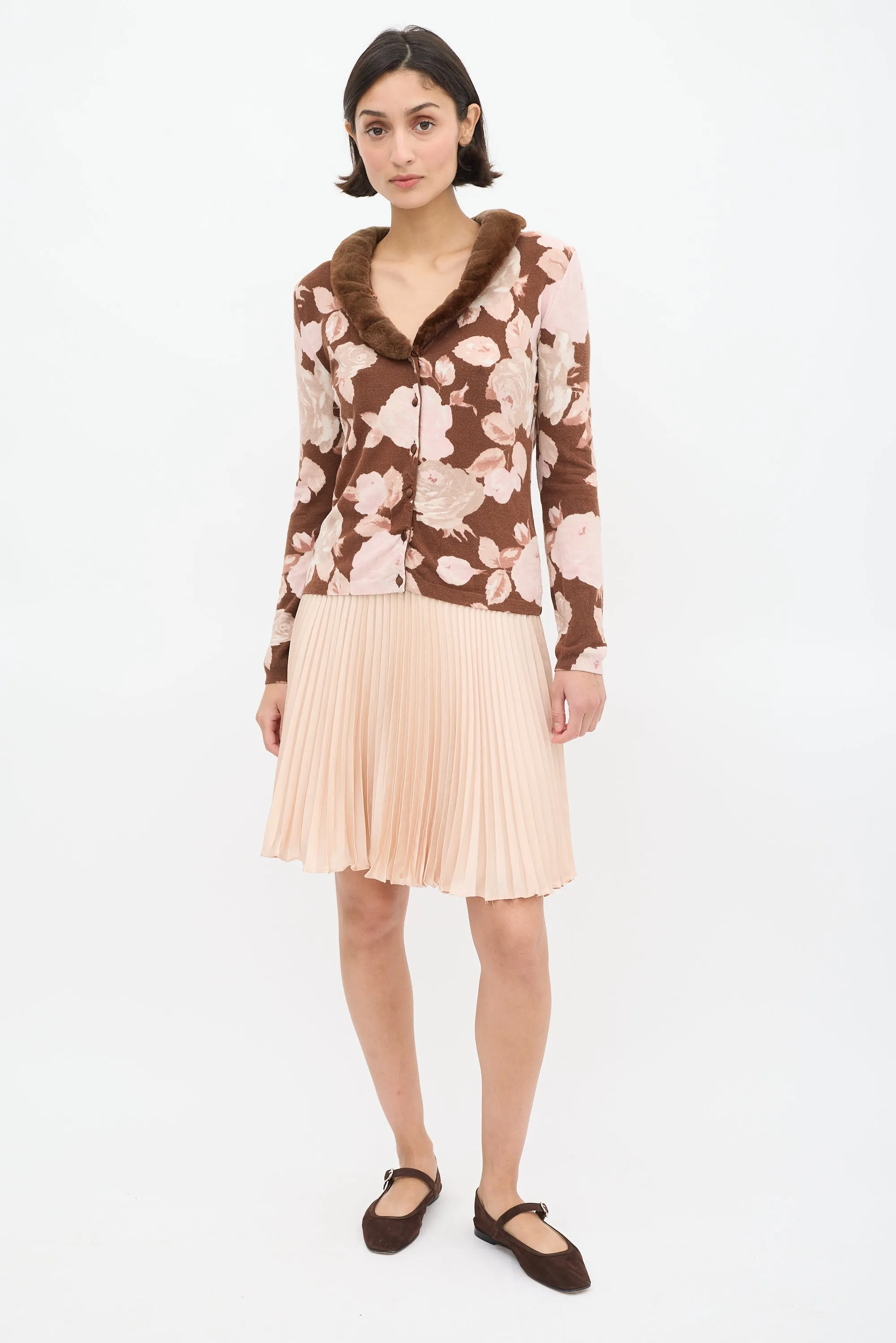 Brown & Pink Floral & Faux Fur Cardigan