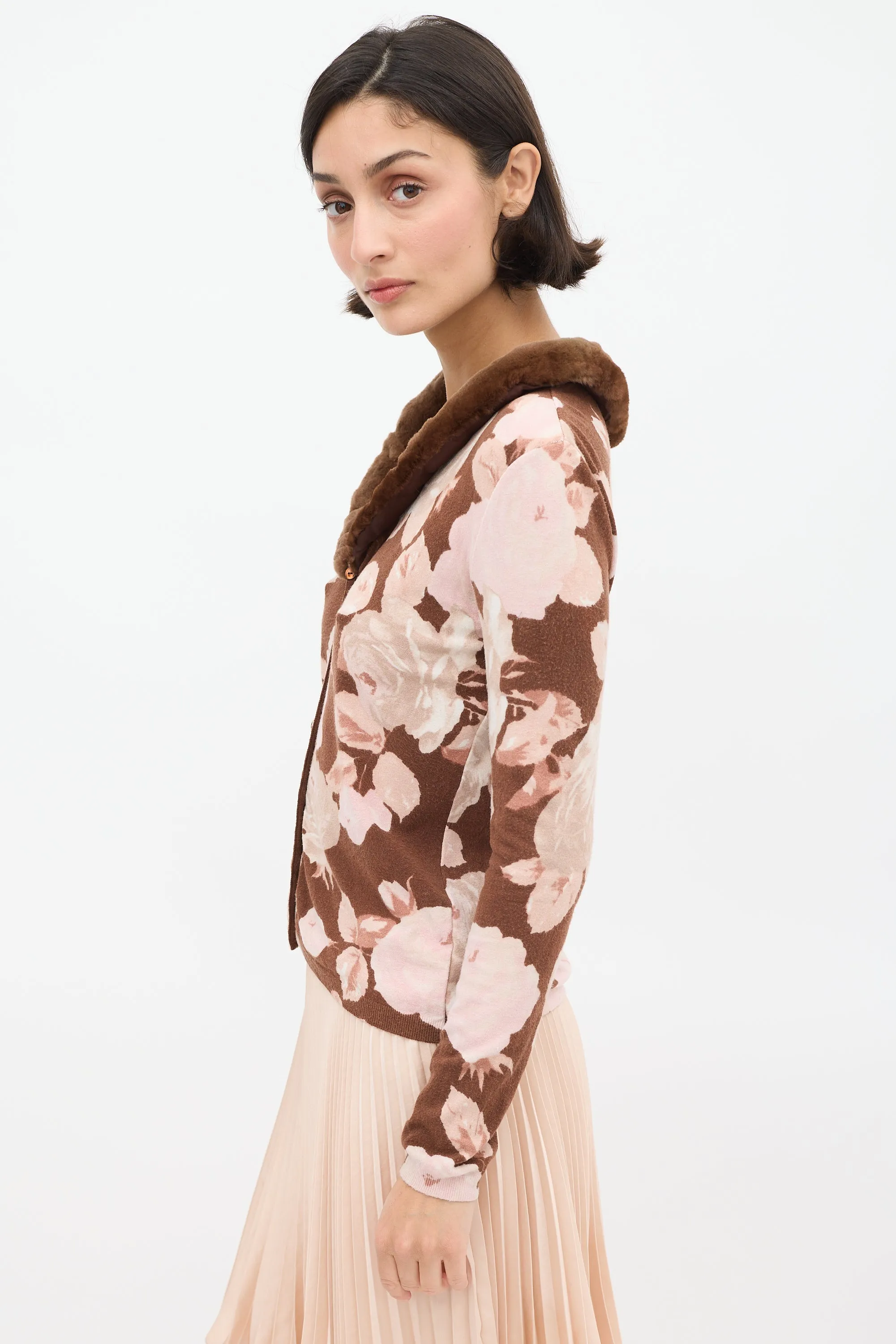 Brown & Pink Floral & Faux Fur Cardigan