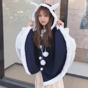 Bunny Ears Plush Pom Pom Drawstring Hoodie Cloak Coat