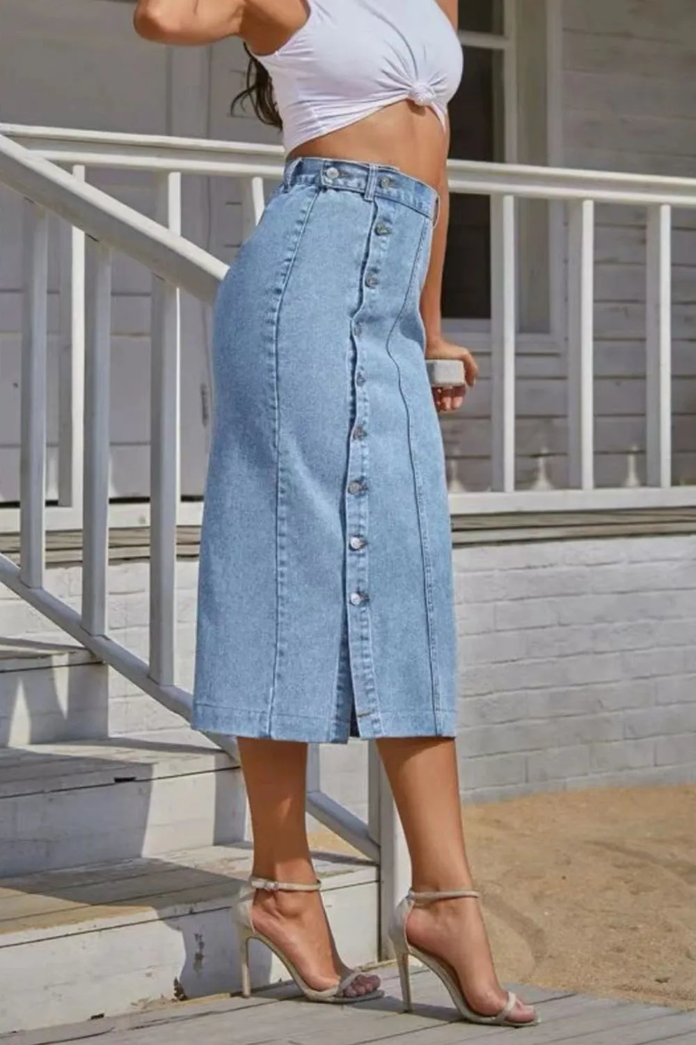 Button Fly Slit Light Blue Denim Midi Skirt