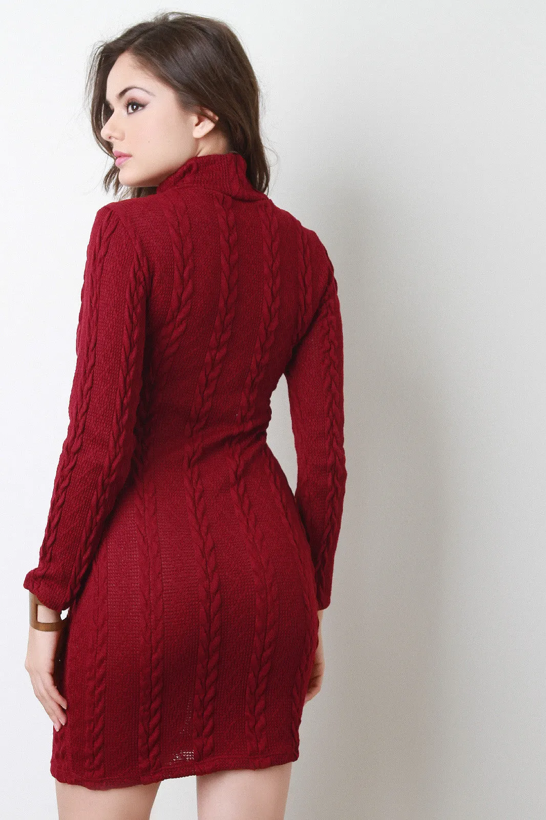 Cable Knit Turtleneck Long Sleeve Dress