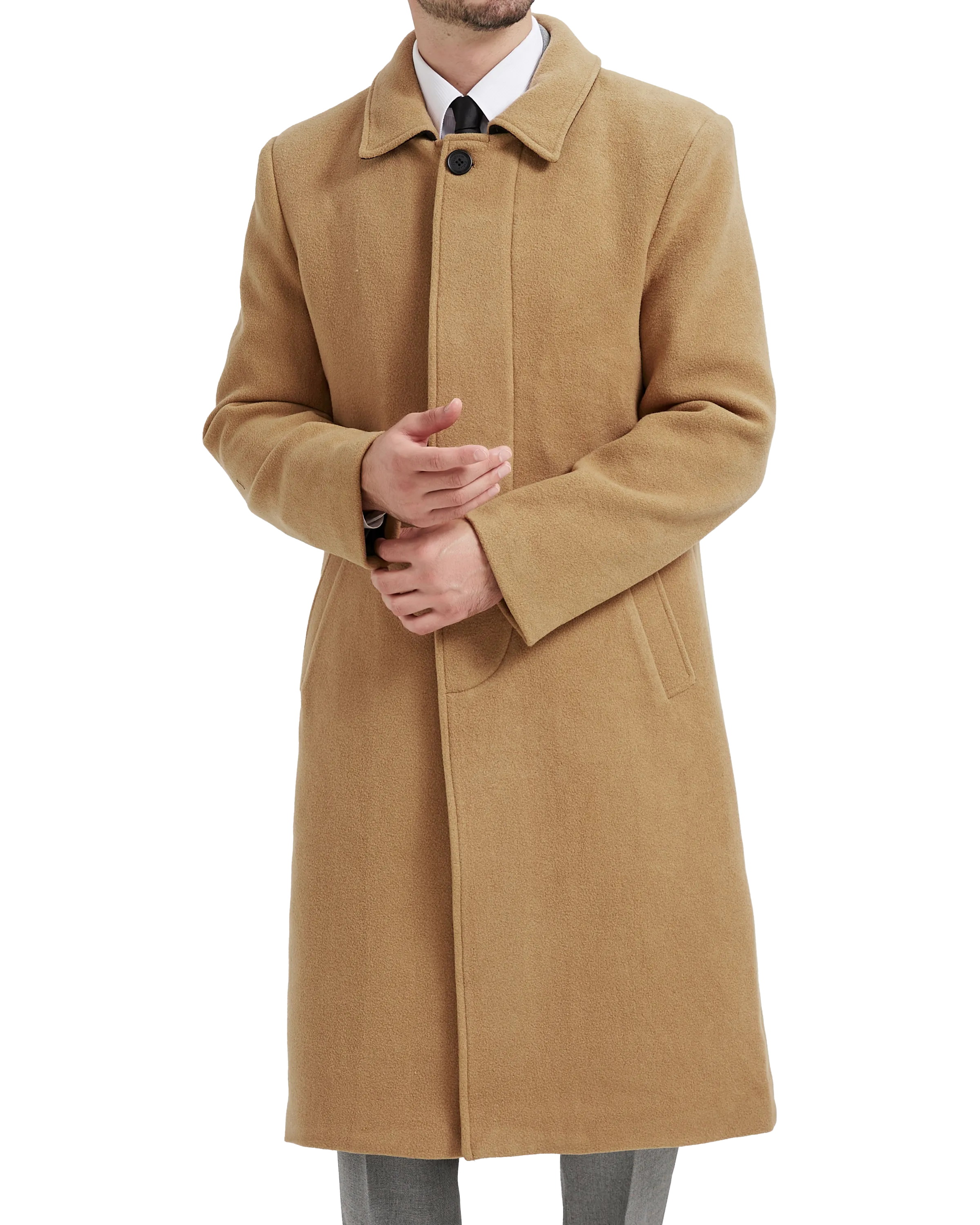 Camel Long Wool Cashmere Overcoat Hidden Buttons