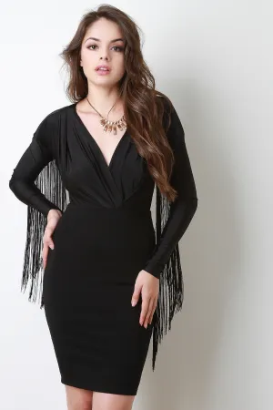 Cascading Arm Fringe Surplice Dress