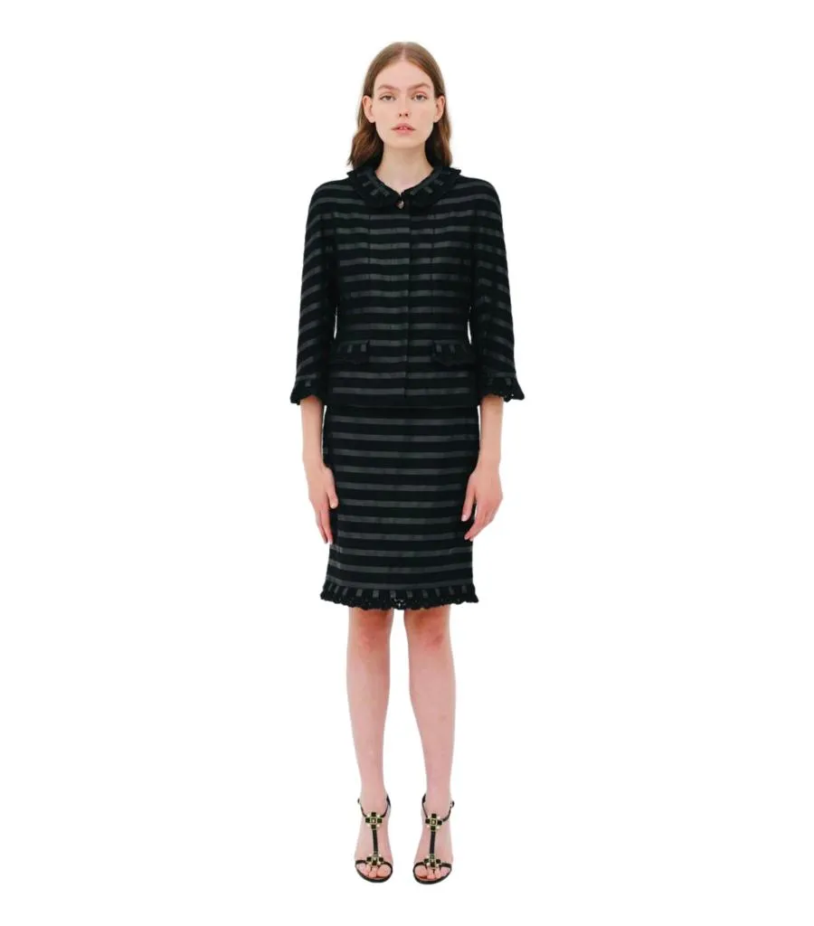 Chanel Cashmere Striped Skirt & Jacket Suit With Ruffle Trim. Size 38FR