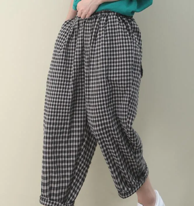 Checked Summer Loose Linen Wide Leg Women Casual Pants WG05131