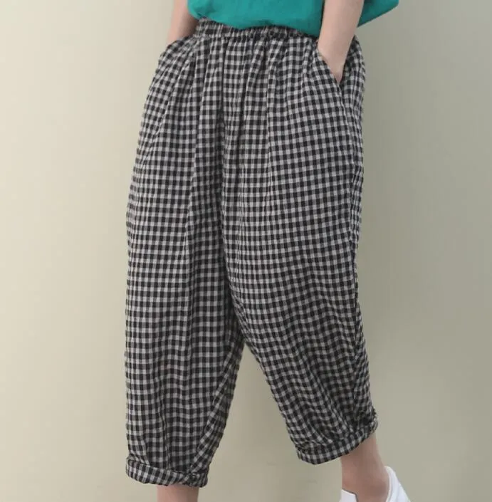 Checked Summer Loose Linen Wide Leg Women Casual Pants WG05131