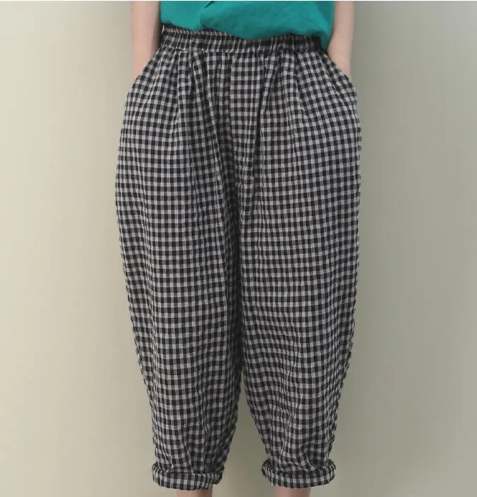 Checked Summer Loose Linen Wide Leg Women Casual Pants WG05131