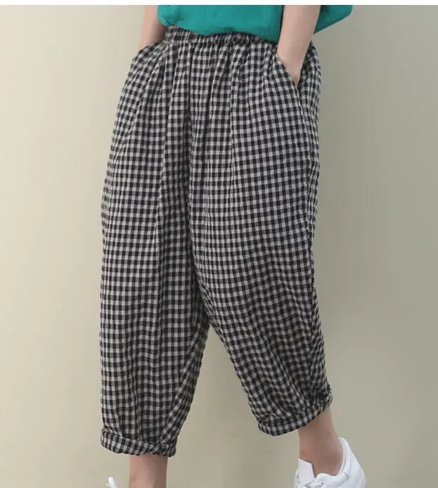 Checked Summer Loose Linen Wide Leg Women Casual Pants WG05131