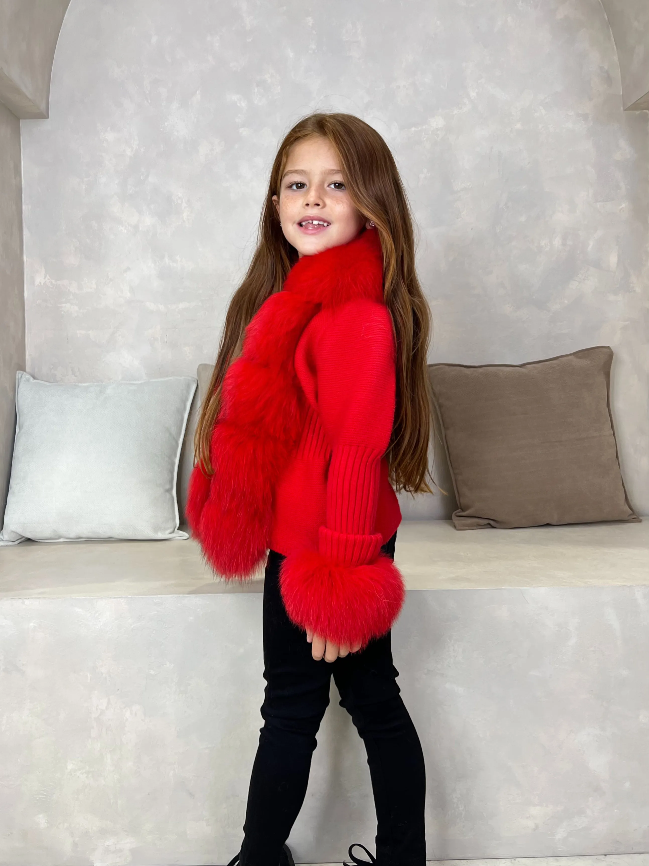 Childrens Red Luxury Fur Cardigan