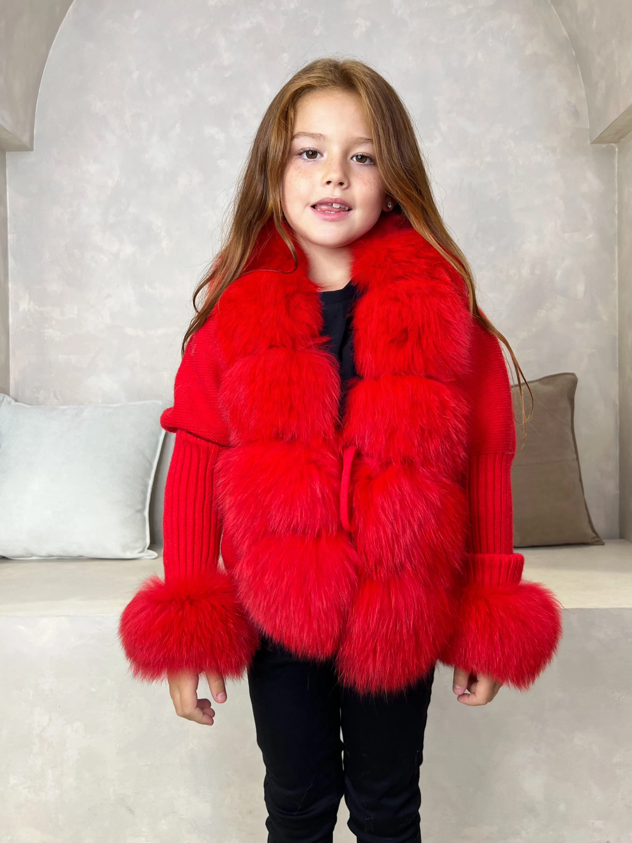 Childrens Red Luxury Fur Cardigan