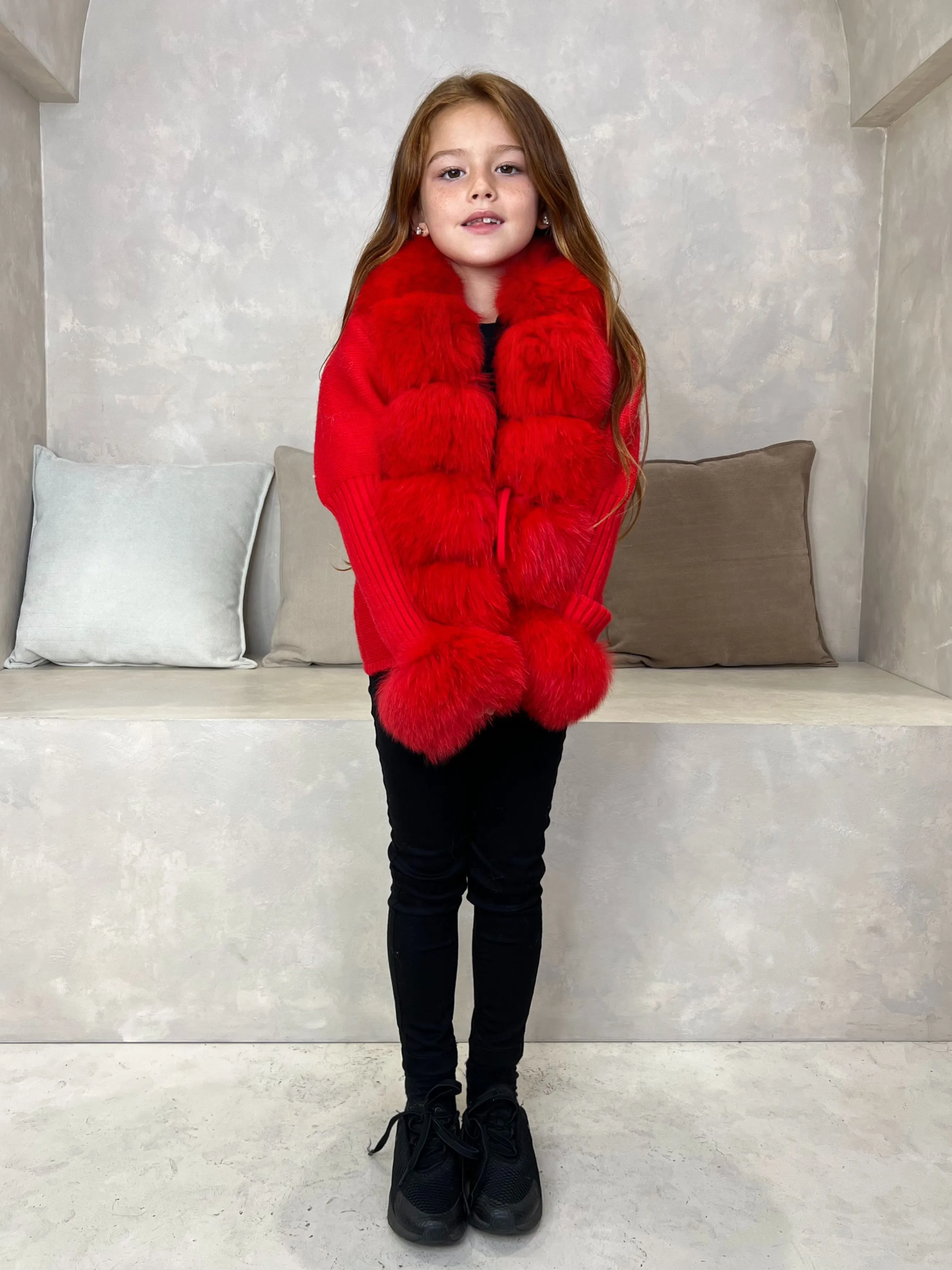 Childrens Red Luxury Fur Cardigan