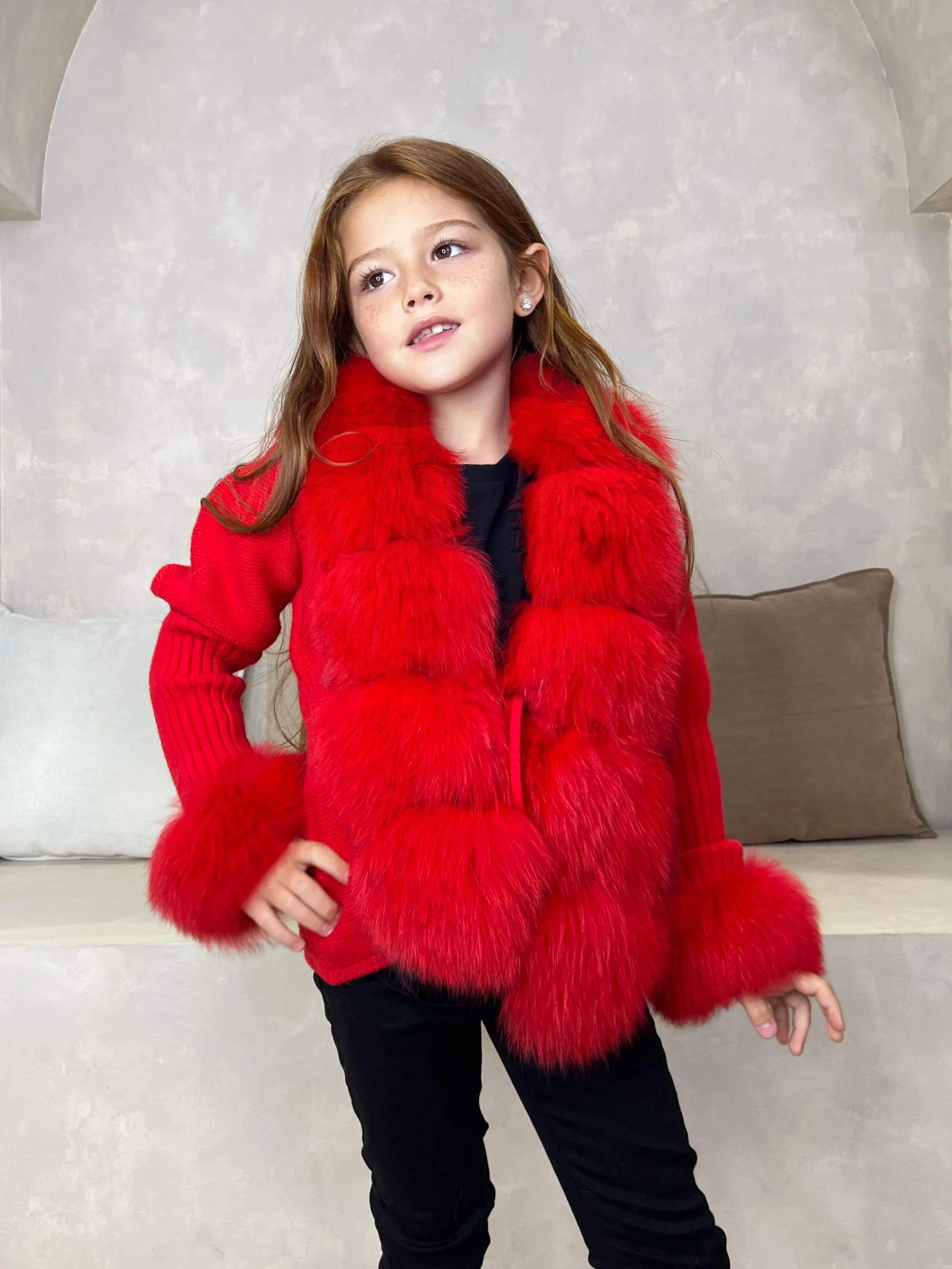 Childrens Red Luxury Fur Cardigan