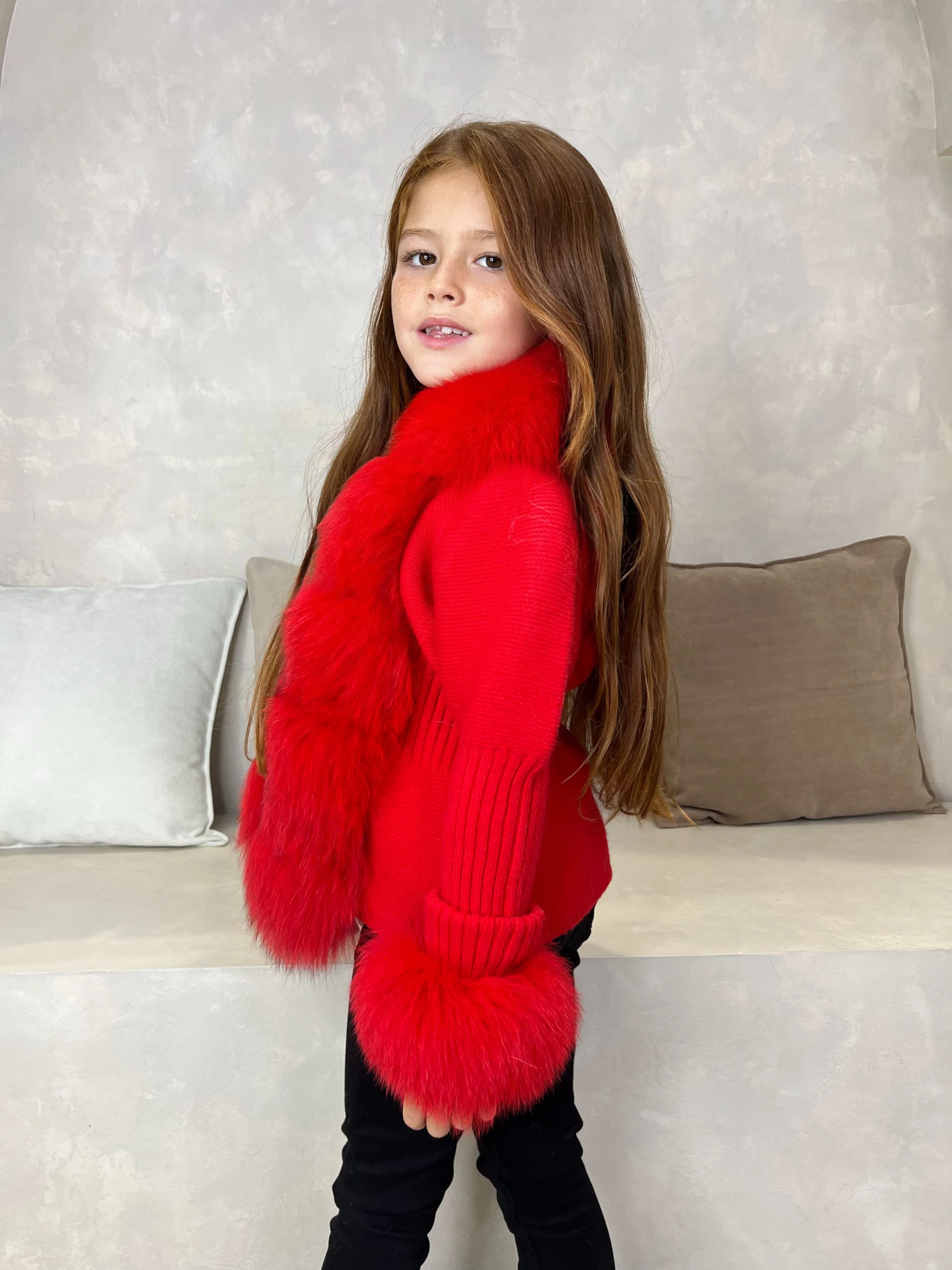 Childrens Red Luxury Fur Cardigan