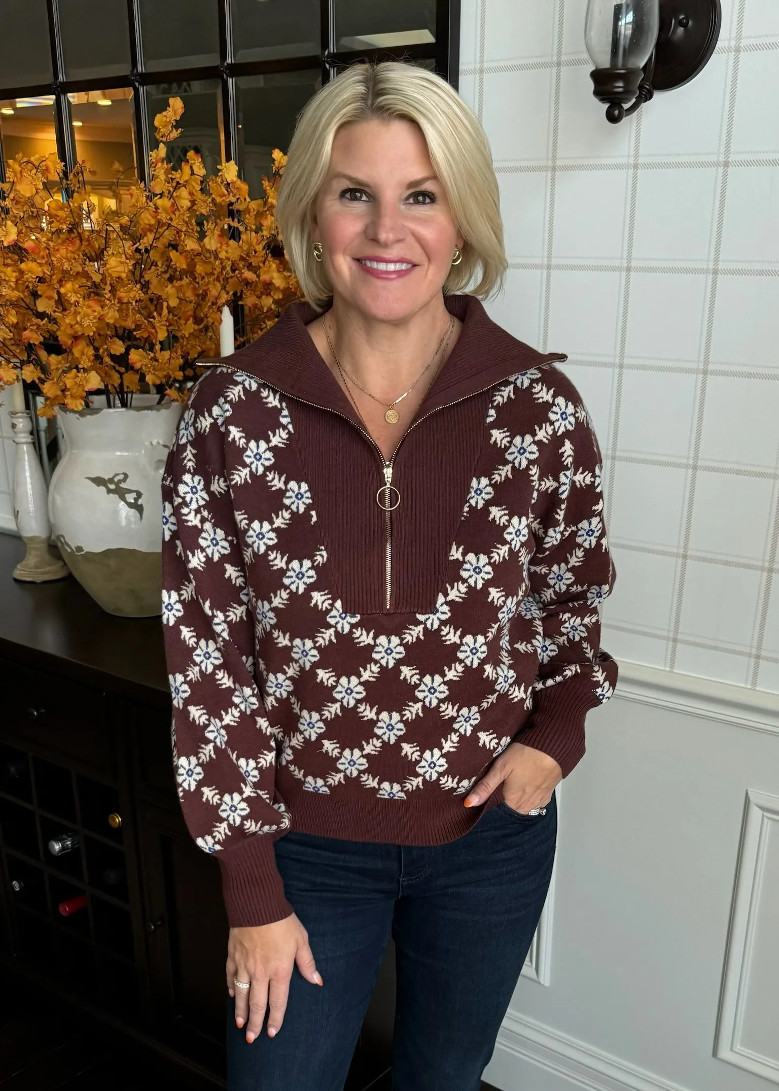 Chocolate and Ivory Half Zip Sweater