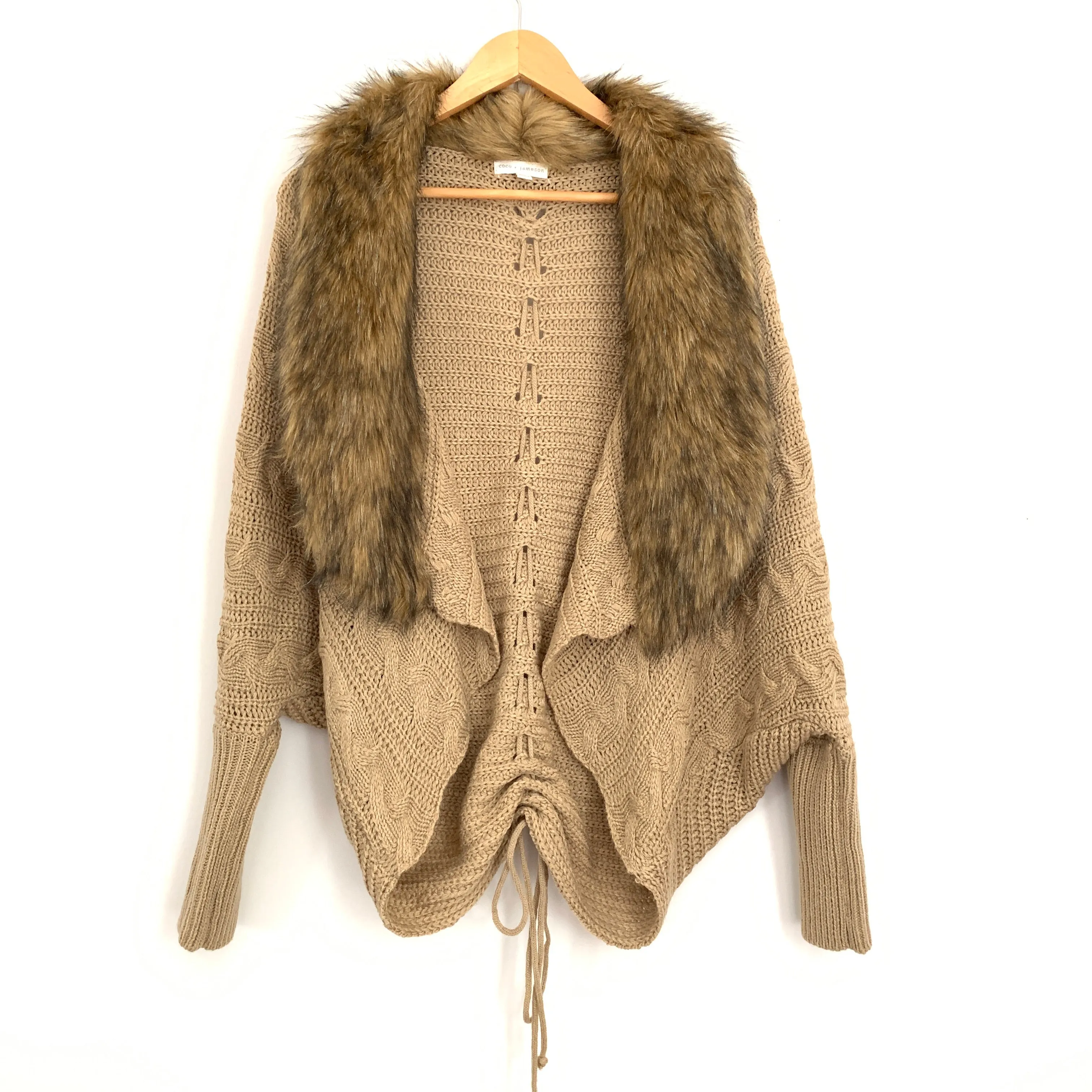 Coco   Jameson Beige Knit Cardigan with Faux Fur Collar- Size S