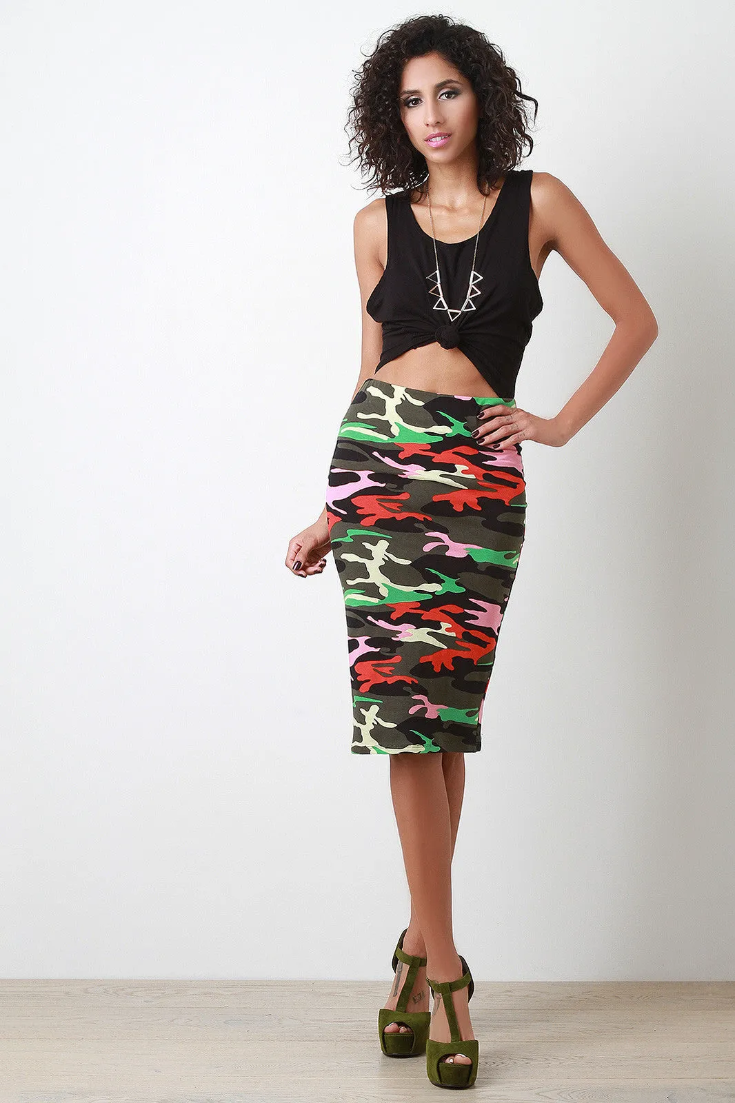 Colorful Camouflage Print Midi Pencil Skirt