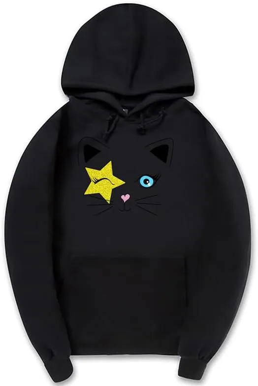 CORIRESHA Cat Lovers Hoodie Long Sleeve Drawstring Stars Teen Y2k Graphic Sweatshirt