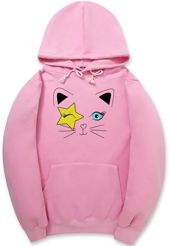 CORIRESHA Cat Lovers Hoodie Long Sleeve Drawstring Stars Teen Y2k Graphic Sweatshirt