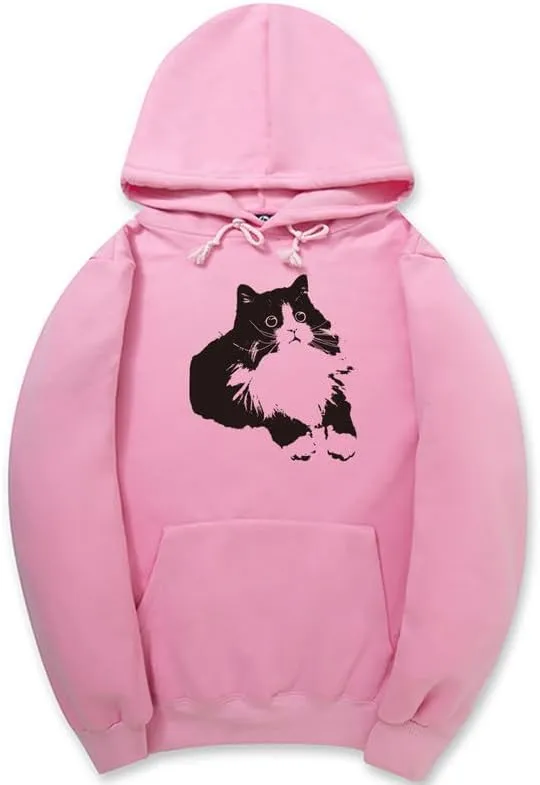 CORIRESHA Cute Cat Hoodie Long Sleeve Drawstring Soft Cotton Basic Sweatshirt