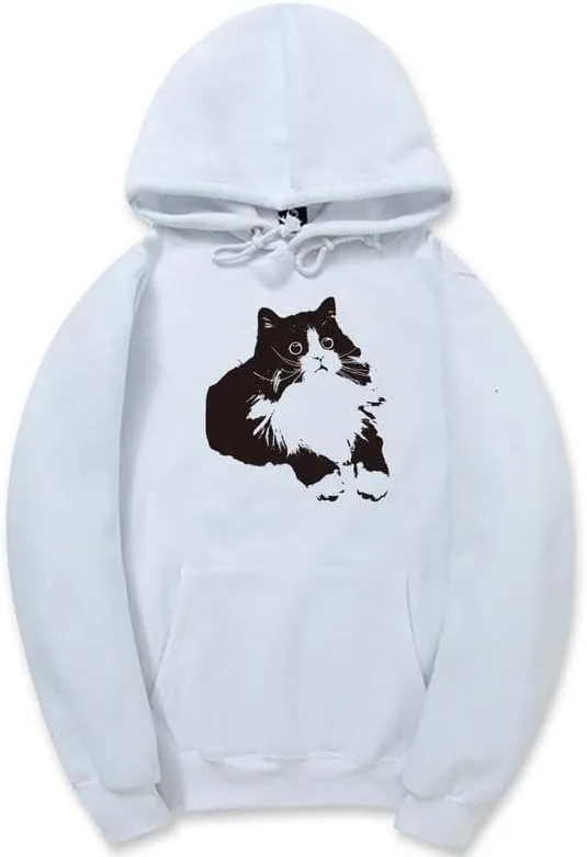 CORIRESHA Cute Cat Hoodie Long Sleeve Drawstring Soft Cotton Basic Sweatshirt