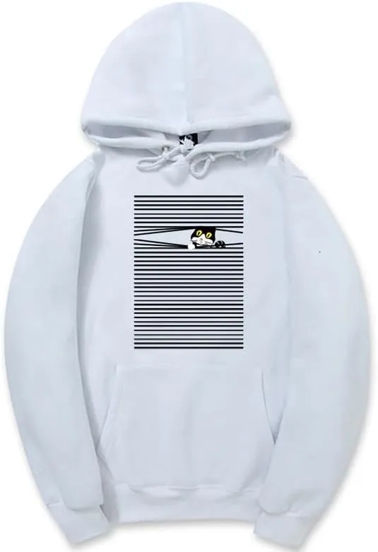 CORIRESHA Funny Cat Hoodie Long Sleeve Drawstring Kangaroo Pocket Striped Sweatshirt