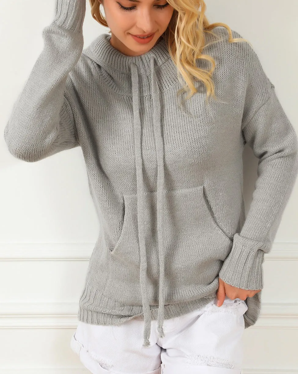 Cowl Neck Drawstring Hooded Sweater