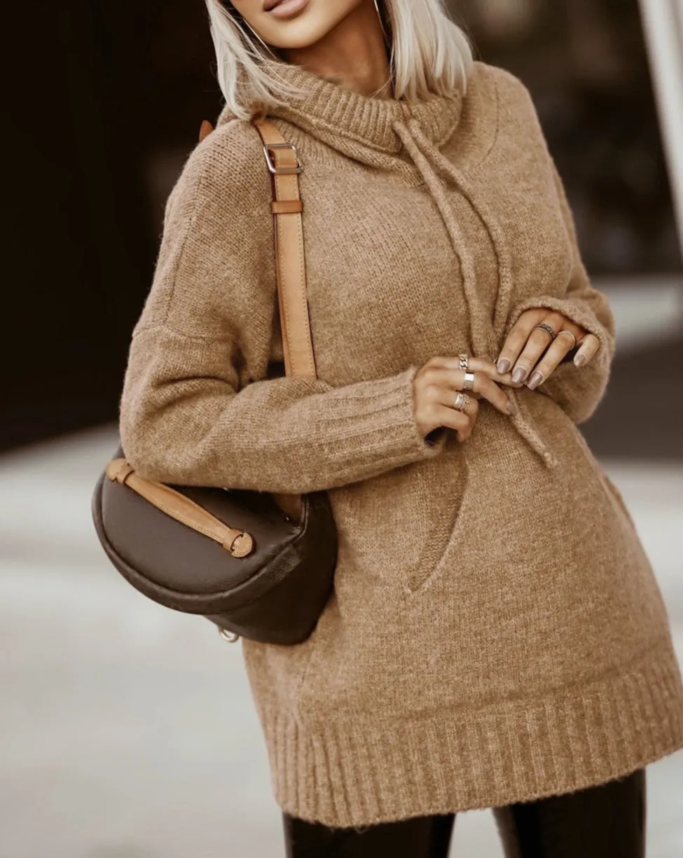 Cowl Neck Drawstring Hooded Sweater