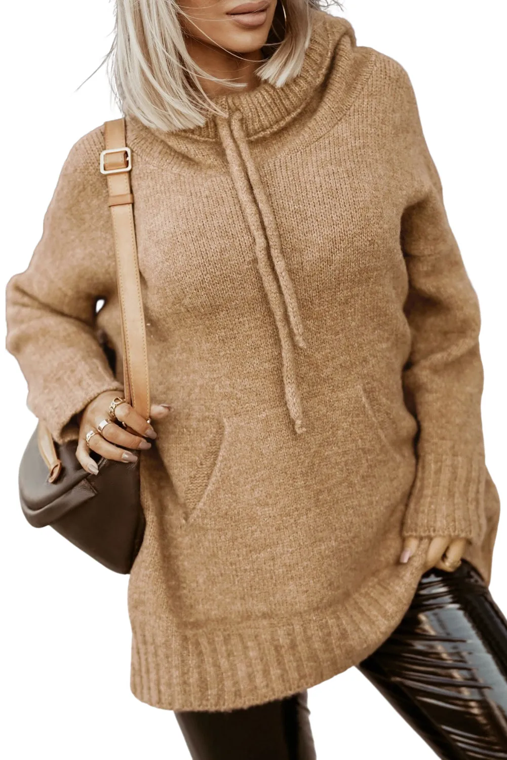 Cowl Neck Drawstring Hooded Sweater