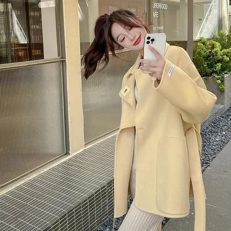 Cropped Yellow Soft Loose Fit Wrap Coat