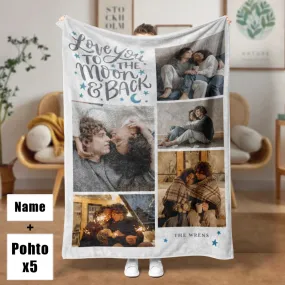 Custom 5 Photos&Text Fleece Blanket Love To The Moon