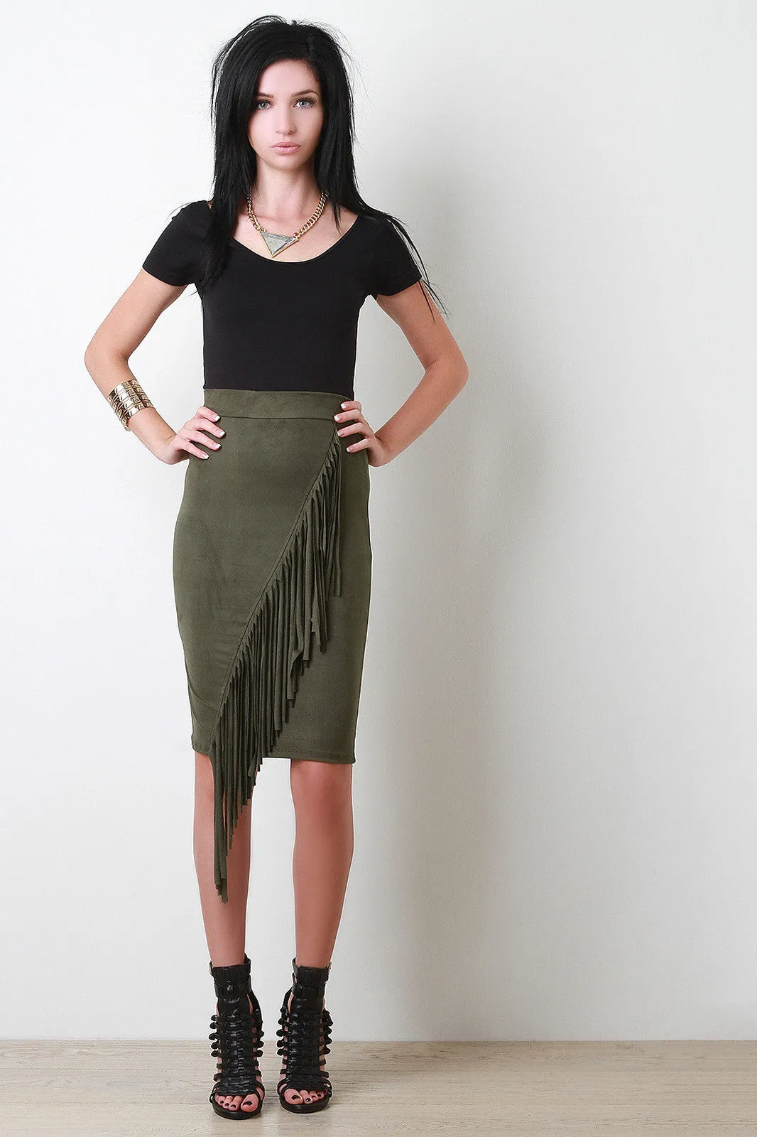 Diagonal Fringe Vegan Suede Skirt