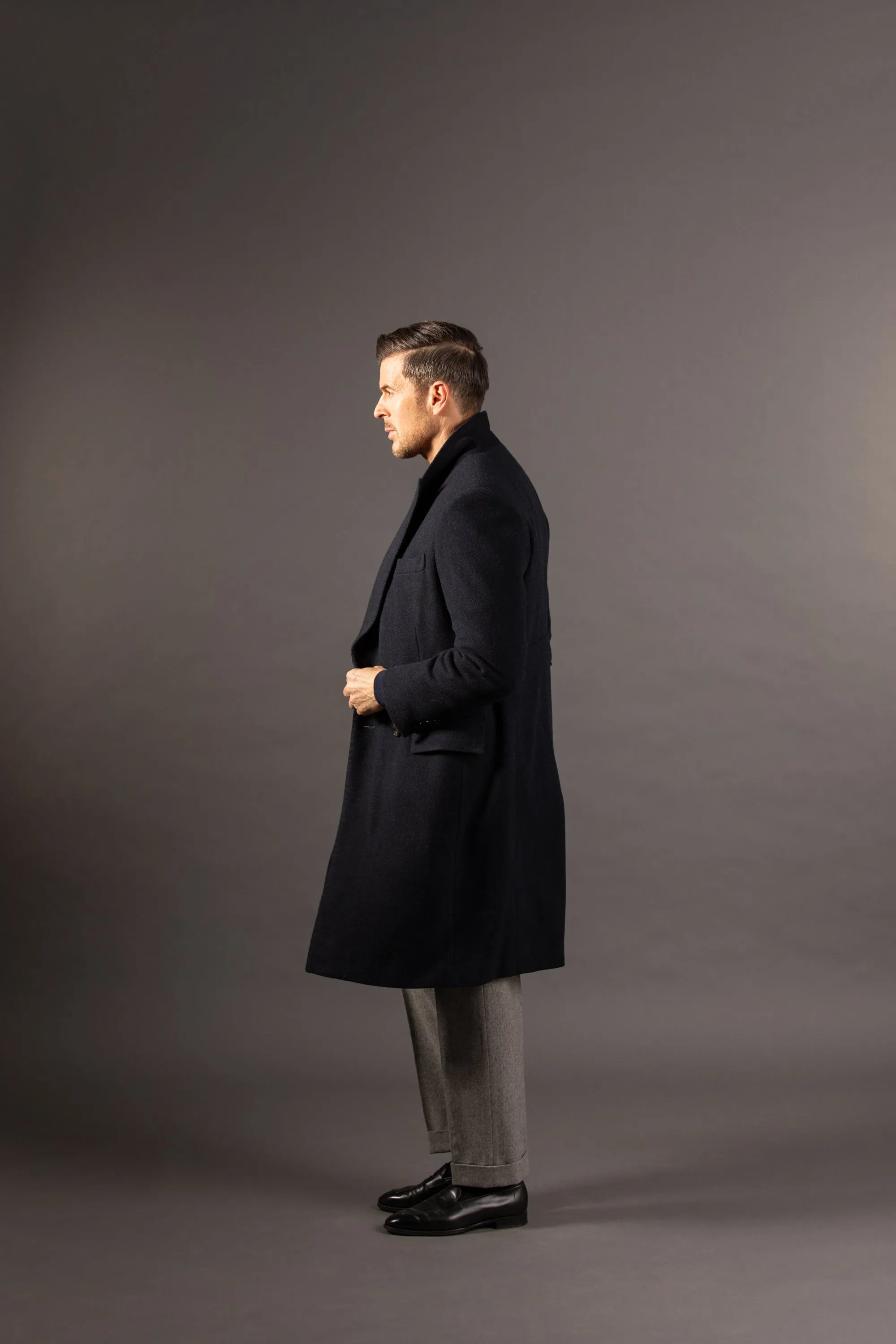 Double Breasted Peak Overcoat in Navy Herringbone