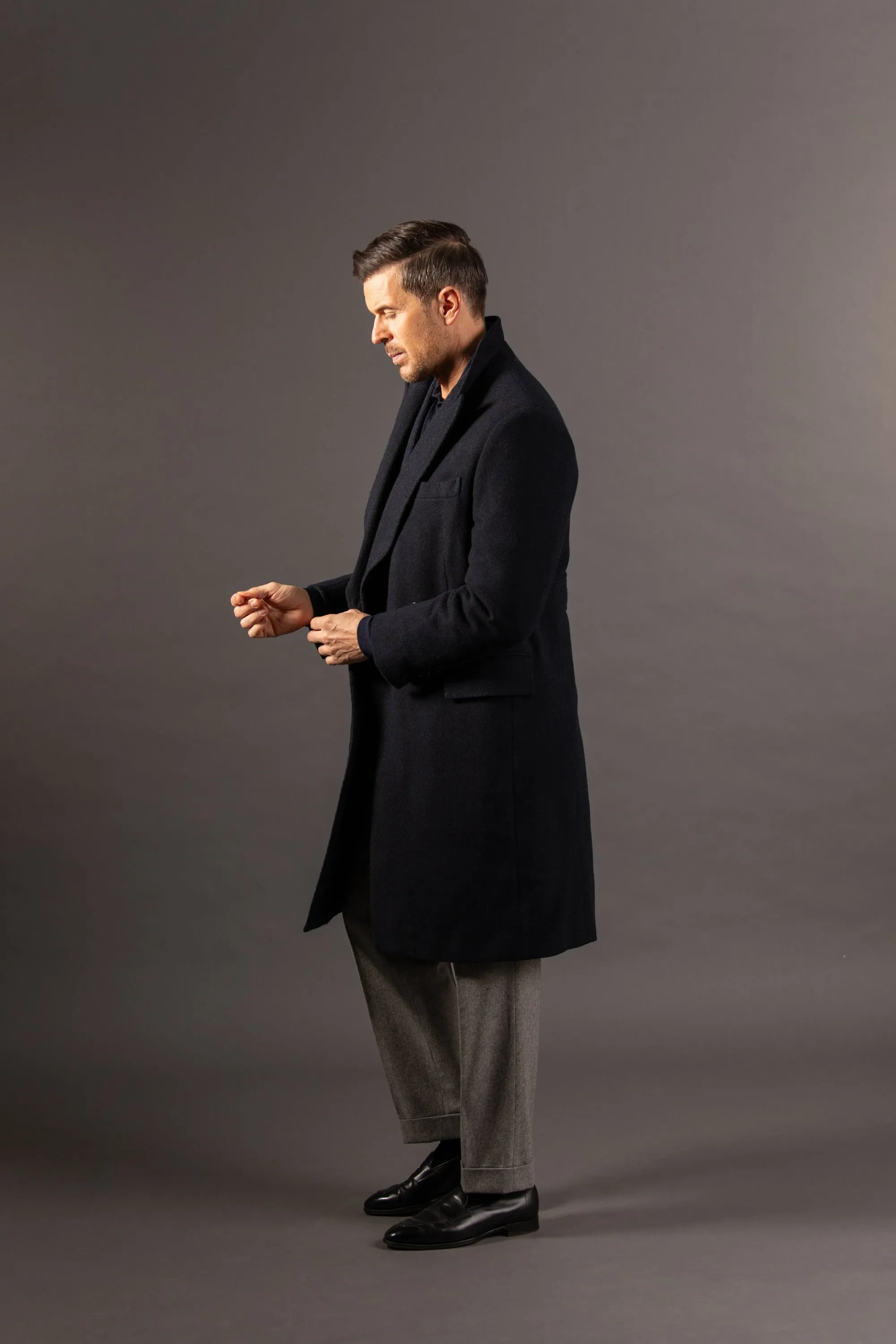 Double Breasted Peak Overcoat in Navy Herringbone