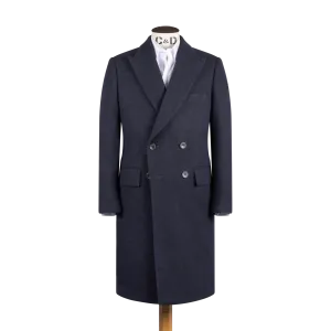 Double Breasted Peak Overcoat in Navy Herringbone