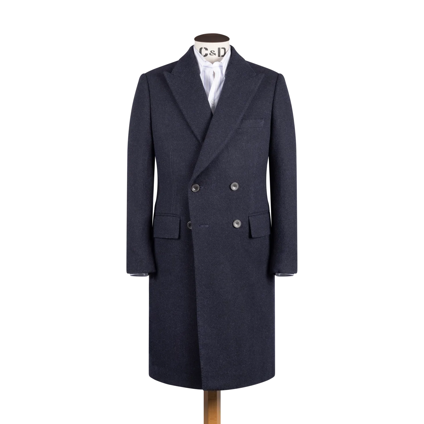 Double Breasted Peak Overcoat in Navy Herringbone