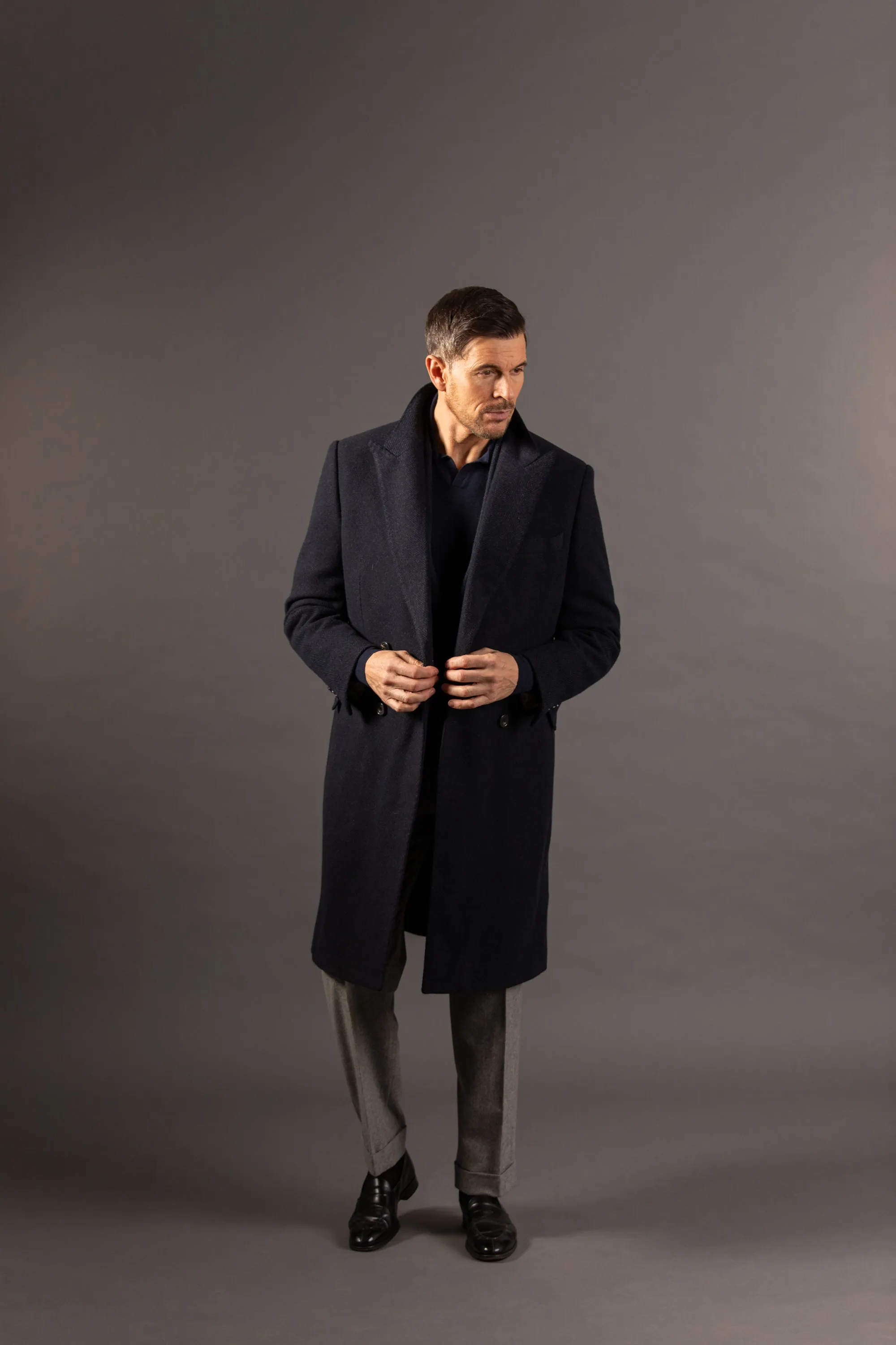 Double Breasted Peak Overcoat in Navy Herringbone