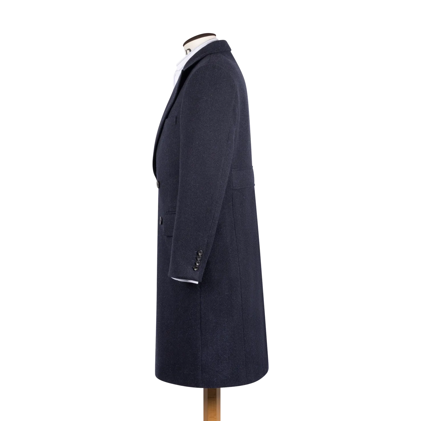 Double Breasted Peak Overcoat in Navy Herringbone