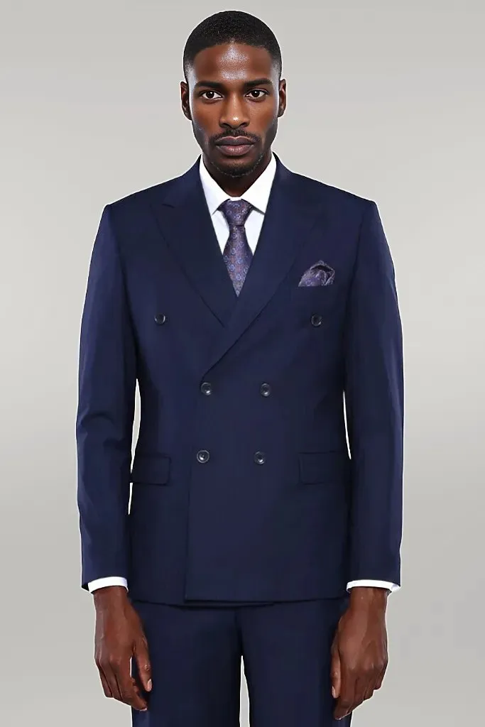 Double Breasted Slim Fit Navy Blue Men Suit - Wessi